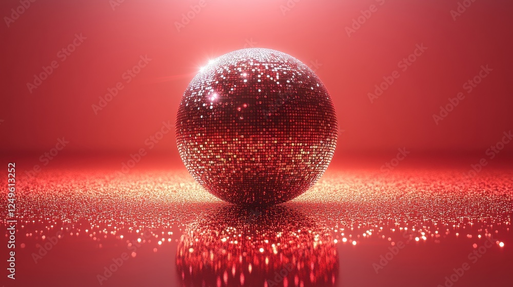 Aufkleber a shiny red sphere surrounded by sparkling particles on a red background.