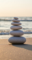 Fototapeta premium Stone Balance on Beach: Zen Stack by the Sea, Peaceful Coastal Art