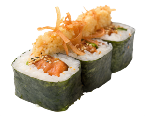 Crispy Sushi Roll with Salmon and Tempura, isolated on white background