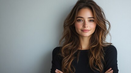 A young woman with long brown hair, wearing a black top, smiles at the camera against a plain white background.