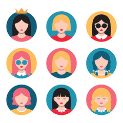 Avatar profile picture icon set, female. Cute cartoon modern simple design. Web Vector Illustrations.