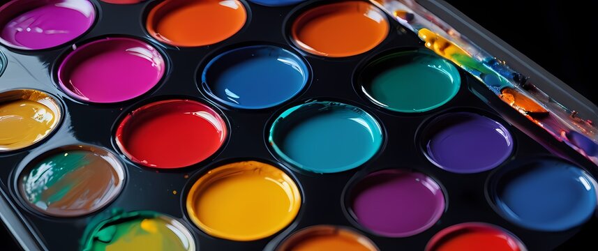 Vivid closeup of a palette filled with colorful paint celebrating the vibrancy and passion of artistic expression in every stroke