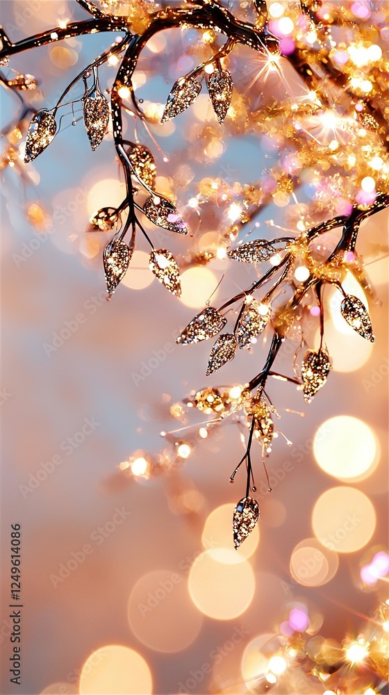 Poster a close-up of a tree branch against a backdrop of bright lights and hazy skies