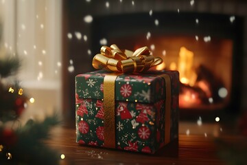 Elegant Christmas Gift by the Fireplace