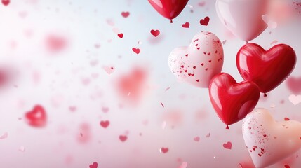 Romantic Valentine's Day design featuring red and white heart-shaped balloons with scattered heart confetti on a soft pastel background. Perfect for holiday marketing, love-themed designs, cards