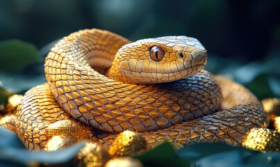 Fototapeta premium Golden snake coiled on gold nuggets in a dark forest, wildlife photo.
