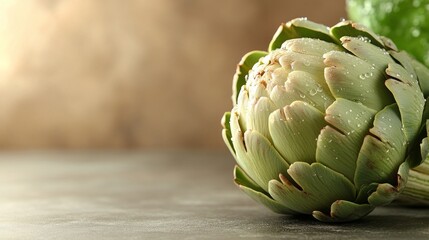 Obraz premium Close up of a fresh artichoke with water drops resting on a dark surface, highlighting its vibrant green color and intricate, geometric patterns