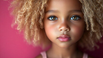 Fototapeta premium Child with curly blonde hair and striking green eyes gazes thoughtfully at the camera against a vibrant pink background