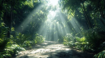 Obraz premium Sunbeams illuminate jungle path, lush foliage, serene background, nature backdrop