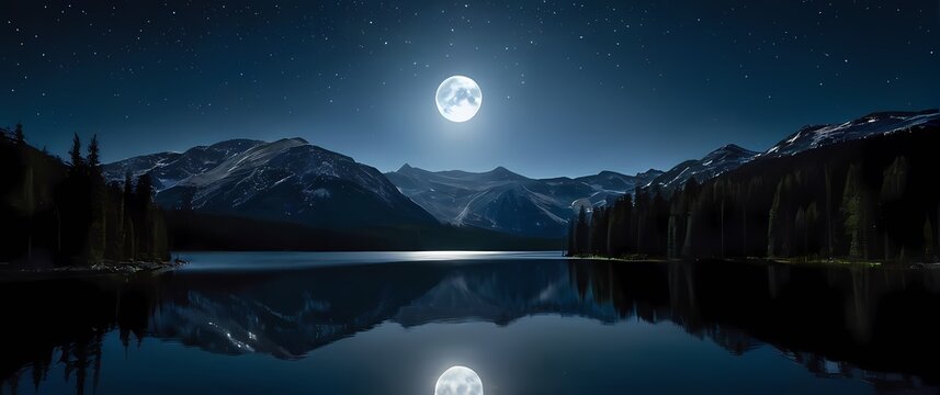 Sublime Depiction of a Moonlit Lake The Night Sky Mirroring Stars and a Full Moon Creating a Picture of Tranquil Beauty