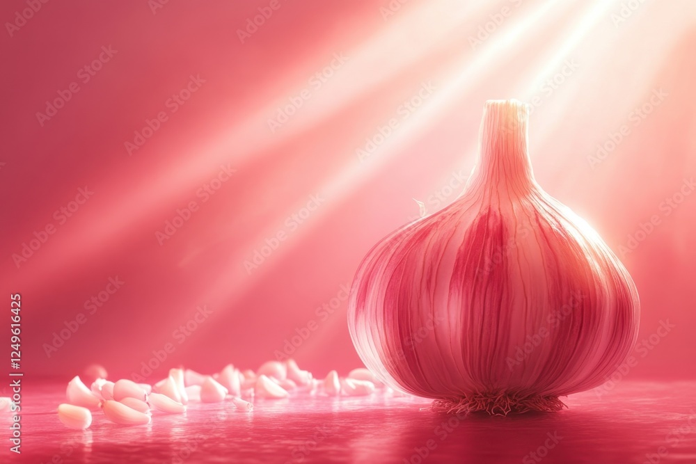Poster garlic bulb illuminated by soft light with scattered cloves in vibrant setting