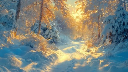 Sunlit snowy path through winter forest