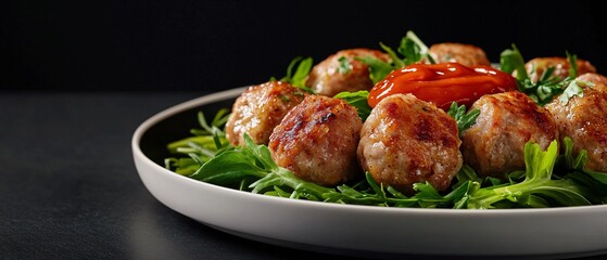 Close-Up of Side View Chicken Meatballs with Greens and Ketchup on a White Plate