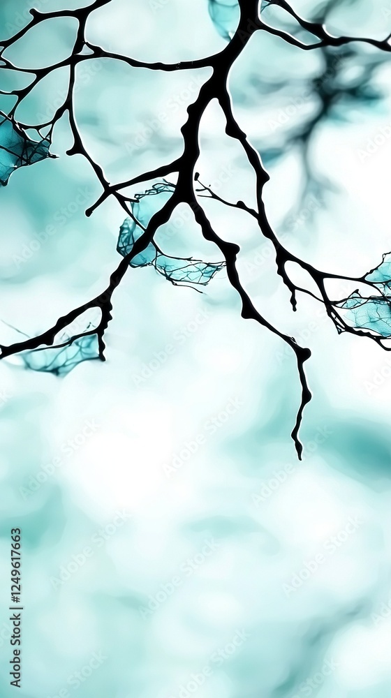 Poster a close-up of a tree branch with many leaves in the foreground and a blue sky in the backdrop