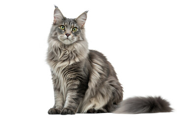 Fototapeta premium Adult Maine Coon Cat Sitting on White Background. Maine Coon Cat Portrait isolated on white