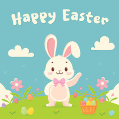 Happy Easter postcard with cute bunny and Easter eggs flat vector illustration