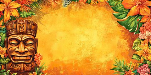 Hawaiian Luau Party with Tropical Flowers and Tiki Elements for Paradise Celebration with copy space