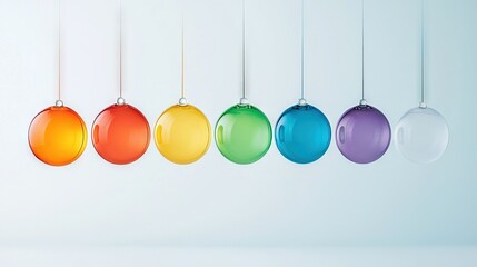   Multicolored glass ornaments dangle on white wall against white background
