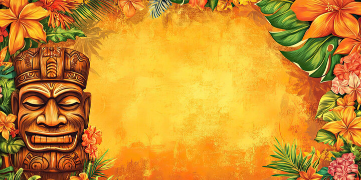 Hawaiian Luau Party with Tropical Flowers and Tiki Elements for Paradise Celebration with copy space