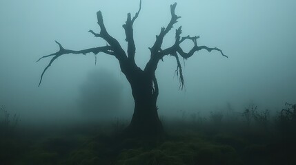 Foggy forest, dead tree silhouette, spooky landscape, Halloween