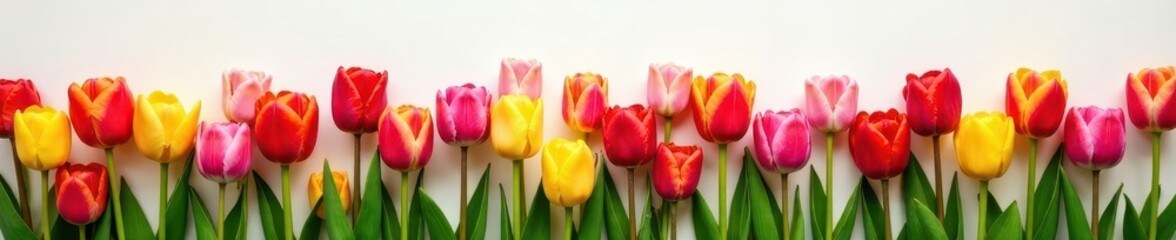 Fototapeta premium Row of colorful tulips creating a natural border, leaving central space clear , banner, purple tulips