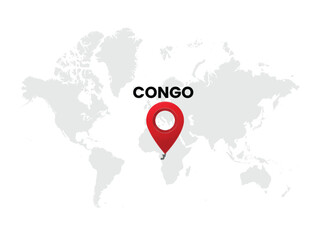 World map with country  Congo on White Background. Congo Highlighted with Location Symbol. Vector Illustration of Map and Pin Location of Congo Country.