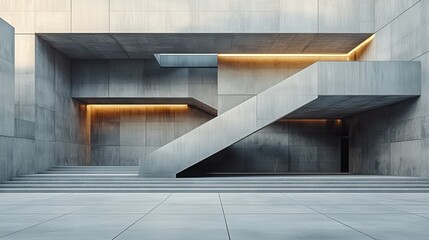 Obraz premium Modern concrete building entrance, illuminated stairs, urban setting, architectural design