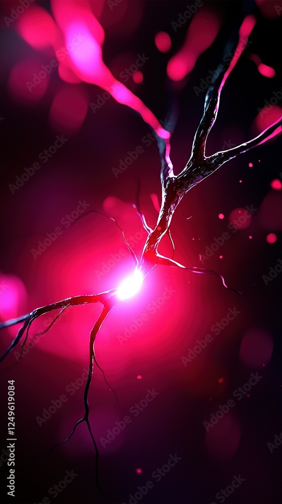 Poster a sharp focus on a tree branch with a vibrant red light at its center and a hazy background