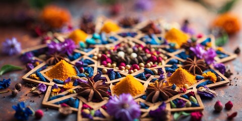 Obraz premium Brightly colored spices and flowers arranged in a decorative pattern on a wooden surface during a festive celebration