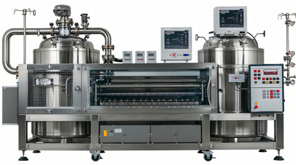 Mixing Tank for Drug Formulations A large stainless-steel tank with digital monitors controlling the mixing process for liquid medicine.