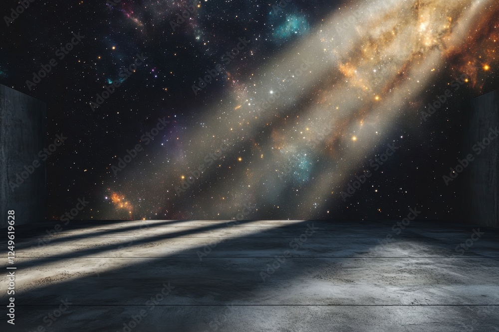 Aufkleber cosmic light beams illuminating an empty space with a galaxy backdrop at dusk