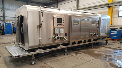 Mixing Tank for Drug Formulations A large stainless-steel tank with digital monitors controlling the mixing process for liquid medicine.