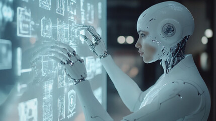 Kobieta-cyborg interakcjuje z przestojami wirtualnych rzeczywistości