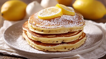 A classic rustic breakfast table with a stack of Lemon Ricotta Pancakes served on a neutral linen cloth, with powdered sugar dusted around