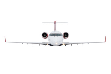Front view of a passenger regional jet flies isolated