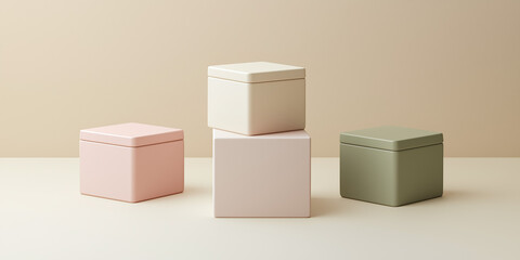 Obraz premium A set of square gift boxes in green, beige, and pastel pink, arranged on a textured neutral background for a stylish and modern look. 