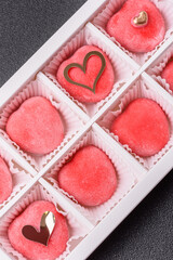 Delicious sweet mochi in the shape of red hearts