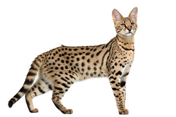 Side view of standing savannah cat, Isolated on white background. Hybrid cat crossing between serval and domestic cat