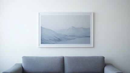 A framed photograph of a snow covered mountain range