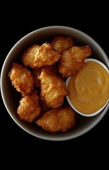 Ultra Detailed Top Down View of Crispy Chicken Nuggets with Dipping Sauces Shot on a Solid White Background