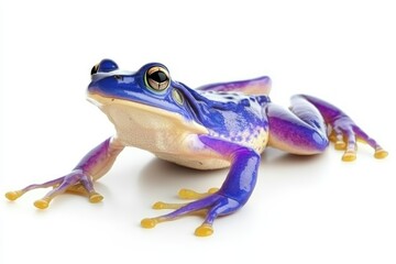 Colorful purple and yellow tree frog resting on a white background