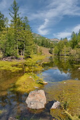 Russia. The Republic of Buryatia. Scenic view of an unnamed swampy river in the Western Sayan Mountains near the mouth of the Tissa River.