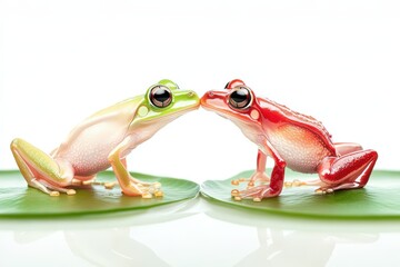 Naklejka premium Green and red tree frogs touching noses on a white background