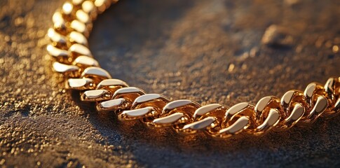A gleaming gold chain rests upon a textured stone surface