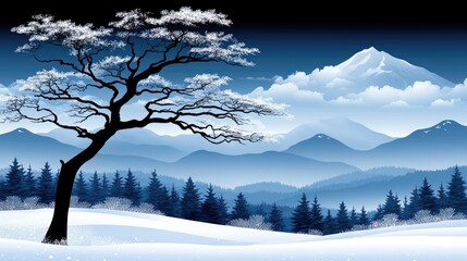 Winter Landscape: Snowy Mountains & Tree