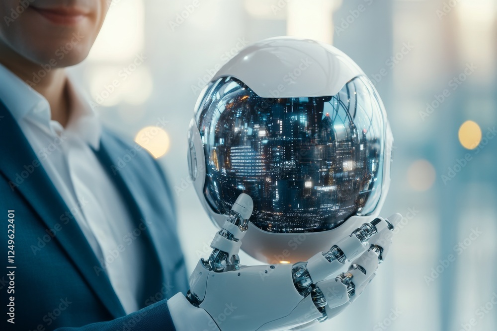 Poster futuristic robot holding a transparent spherical display showcasing a cityscape in a modern office e