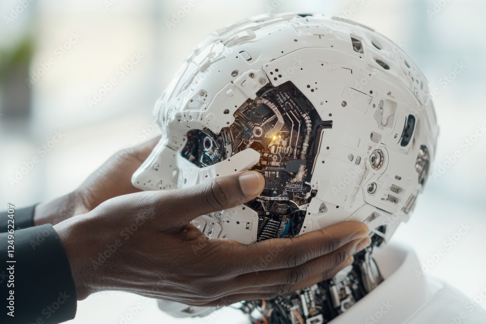 Poster technician interacts with humanoid robot's head in high-tech workspace