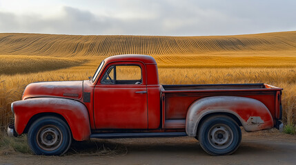 Vintage red pickup truck parked in a field of golden wheat on a dirt road.