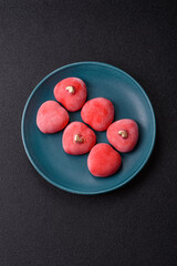 Delicious sweet mochi in the shape of red hearts