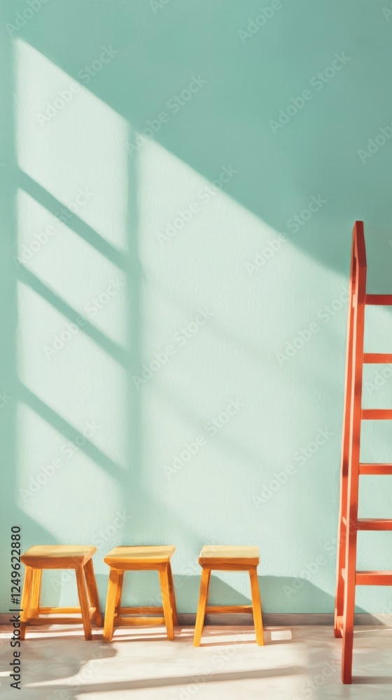Poster creating a bright and inviting space with stools and a ladder indoor room minimalist design calm env